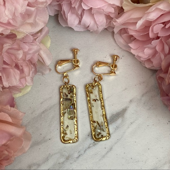 Boho Gilded Gold Rectangular Shell Dangle Earrings - Picture 11 of 16